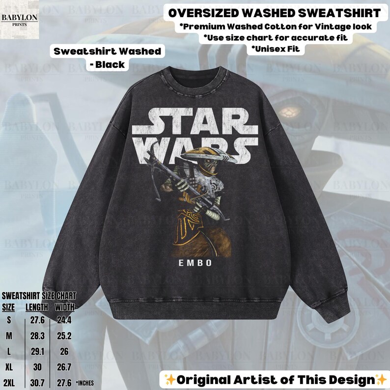 Puede incluir: Sudadera negra lavada de gran tama&ntilde;o con un gr&aacute;fico de Star Wars con el personaje Embo. Fabricada en algod&oacute;n lavado de primera calidad para un aspecto vintage. El texto "STAR WARS" es blanco. La sudadera es unisex.