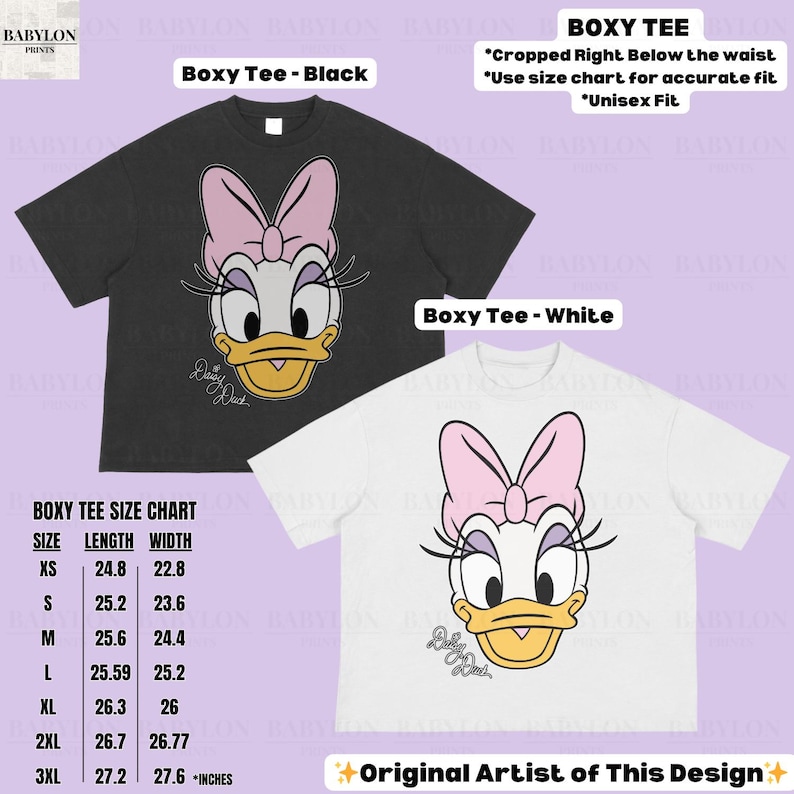 Puede incluir: Camisetas boxy negras y blancas con un gr&aacute;fico de Daisy Duck. La camiseta negra tiene un gr&aacute;fico de Daisy Duck en la parte delantera. La camiseta blanca tiene un gr&aacute;fico de Daisy Duck en la parte delantera. Las camisetas son unisex.