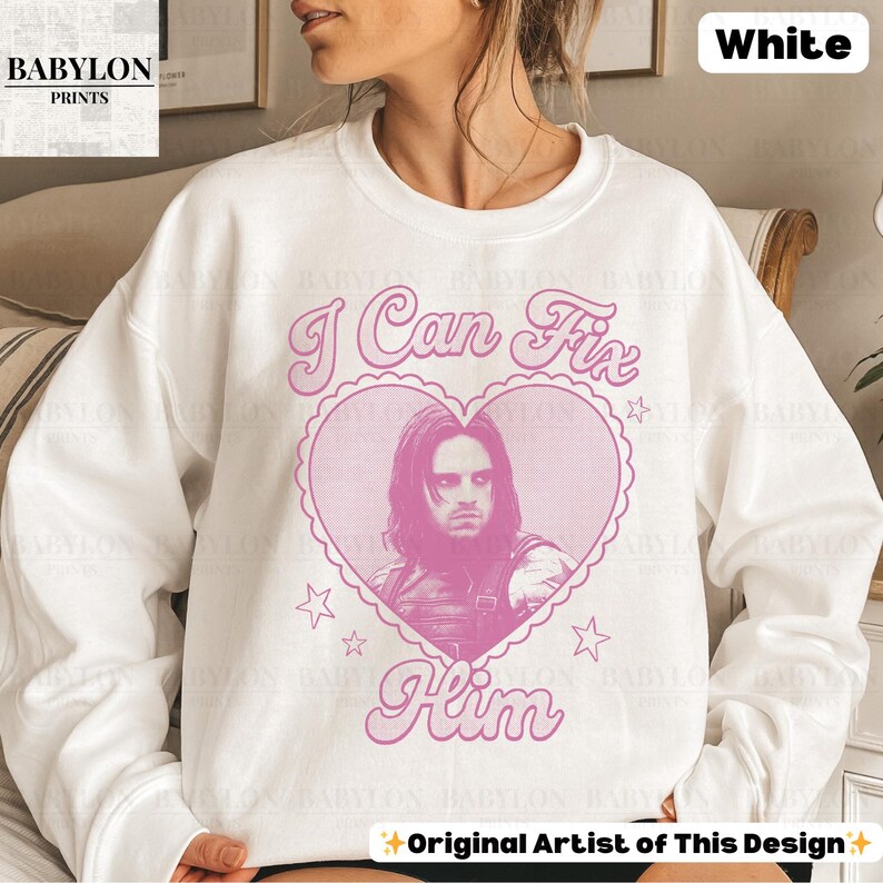 Bucky Barnes I Can Fix Him T-Shirt: Funny Marvel Shirt, Marvel Gift for Her, I love Bucky Barnes Tee, Marvel Winter Soldier Gift Shirt Classic Unisex Crewneck Sweatshirt - White