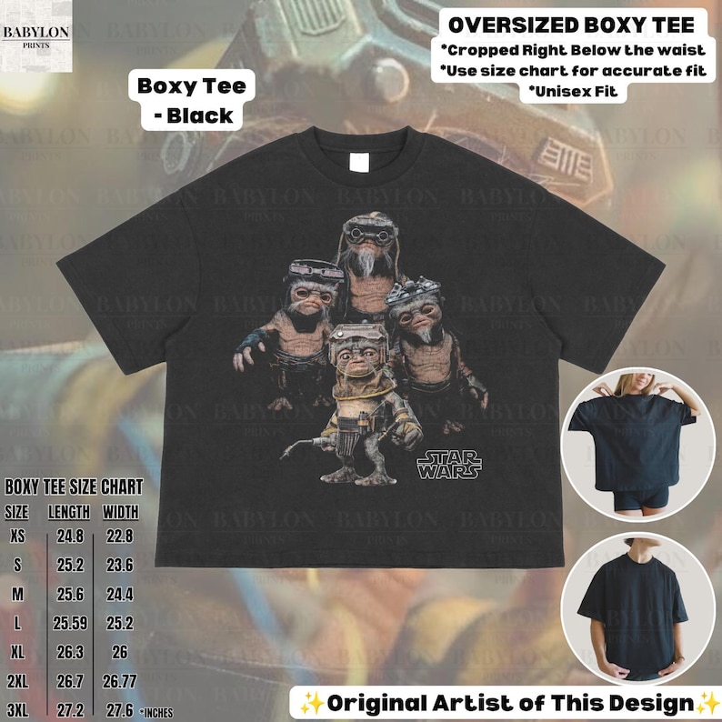 May include: A black boxy t-shirt featuring a graphic print of four Ewok characters from Star Wars. The shirt has short sleeves and a crew neckline. Text on the shirt includes "STAR WARS" and "Boxy Tee - Black" with a size chart in inches.
