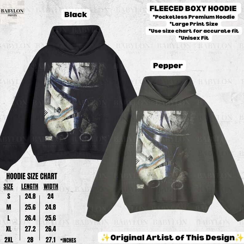 May include: Two pocketless, fleeced, boxy hoodies in black and pepper gray, each featuring a large graphic print of a white and blue clone trooper helmet. A size chart with length and width measurements in inches is included for reference.