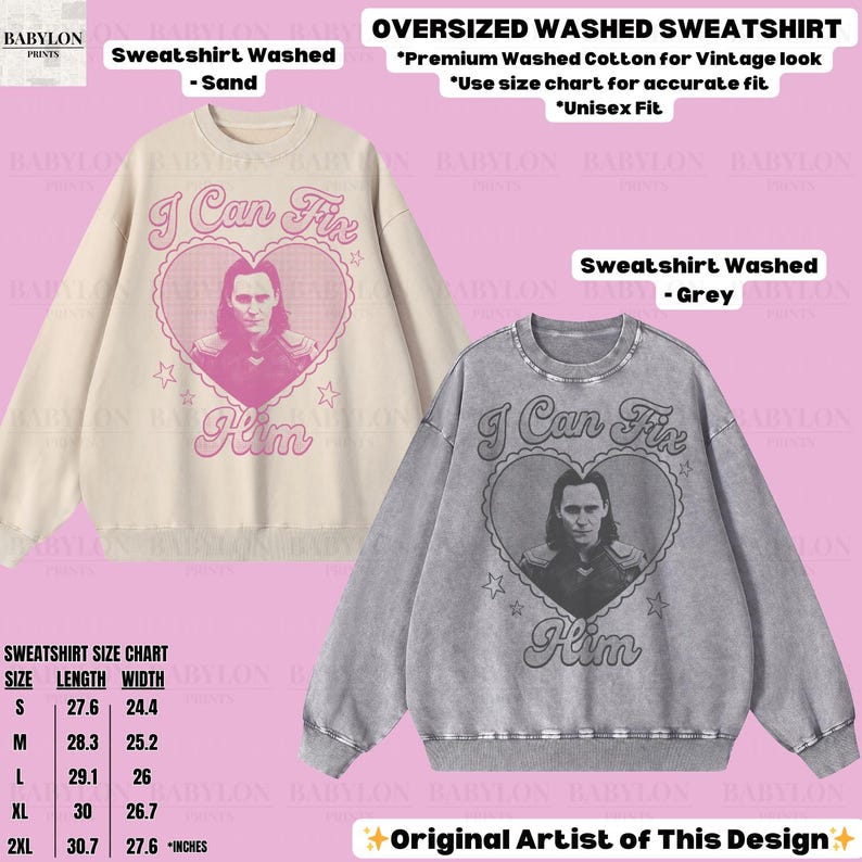 K&ouml;nnte beinhalten: Zwei &uuml;bergro&szlig;e, gewaschene Sweatshirts, eines in Sand und eines in Grau, zeigen eine Grafik einer Person in einem Herz mit dem Text "I Can Fix Him". Hergestellt aus hochwertiger, gewaschener Baumwolle f&uuml;r einen Vintage-Look. Eine Gr&ouml;&szlig;entabelle ist enthalten.