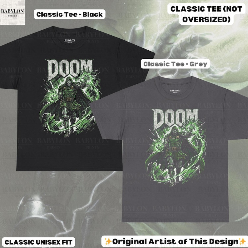 May include: Black and grey classic unisex fit t-shirts featuring a graphic of a character with the word "DOOM" in white. The character is in green and the design has green lightning effects. The text "Classic Tee" is also visible.