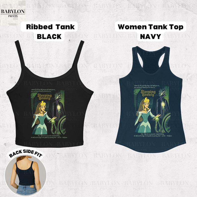 May include: Black ribbed tank top and navy women's tank top. Both tops feature a graphic from the movie "Sleeping Beauty". The black tank top has a spaghetti strap design. The navy tank top has a racerback design.