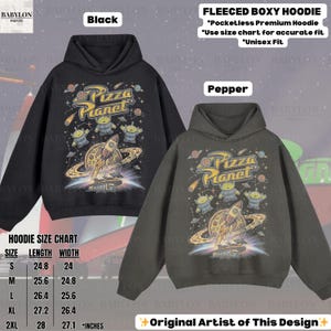 May include: Two hooded sweatshirts, one black and one pepper-colored, feature a Pizza Planet graphic with aliens, a rocket, and a pizza. The sweatshirts are boxy, pocketless, and unisex. The size chart is included, with measurements in inches.