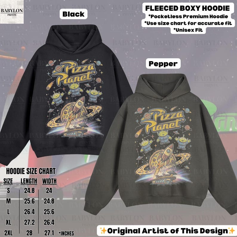 May include: Two hooded sweatshirts, one black and one pepper-colored, feature a Pizza Planet graphic with aliens, a rocket, and a pizza. The sweatshirts are boxy, pocketless, and unisex. The size chart is included, with measurements in inches.