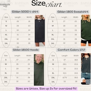 Op de afbeelding: Maattabel voor Gildan 5000 t-shirt, Gildan 1800 Sweatshirt, Gildan 18500 Hoodie en Comfort Colors 1717. Bevat maat-, lengte- en breedtemetingen in cm voor de maten S, M, L, XL, 2XL en 3XL. Maten zijn unisex.