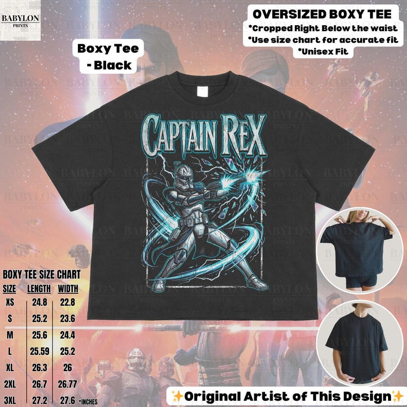 May include: Black boxy tee with a Captain Rex graphic and blue energy effects. The shirt has the text "CAPTAIN REX" and a size chart. The design is by the original artist. The tee is oversized and cropped below the waist.