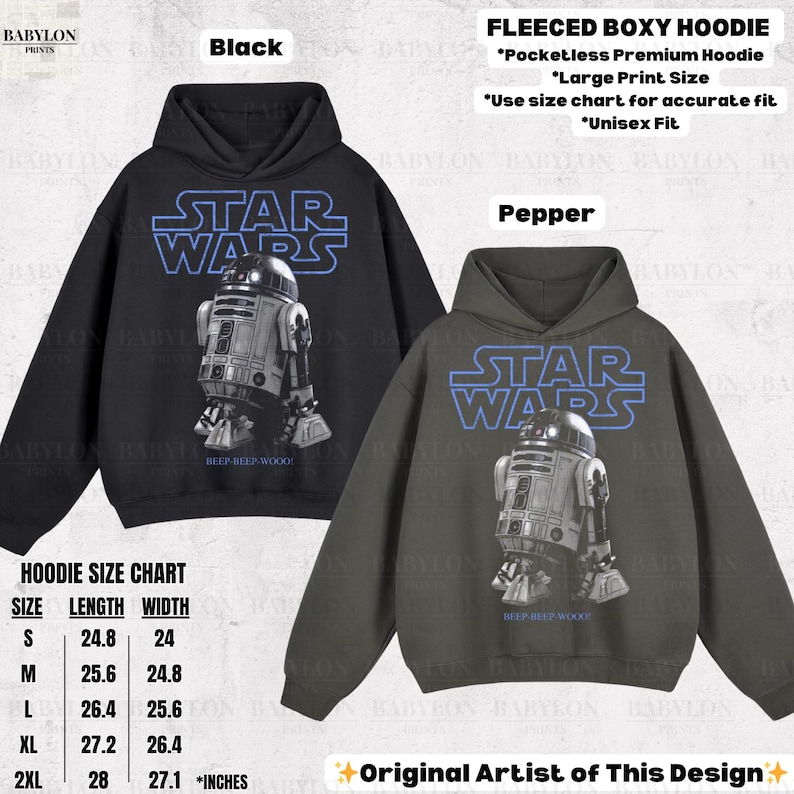 K&ouml;nnte beinhalten: Schwarze und pfefferfarbene Fleece-Hoodies mit Star Wars-Grafik von R2-D2. Die Hoodies haben eine gro&szlig;e Druckgr&ouml;&szlig;e und sind unisex. Die Gr&ouml;&szlig;entabelle zeigt die Ma&szlig;e in Zentimetern.