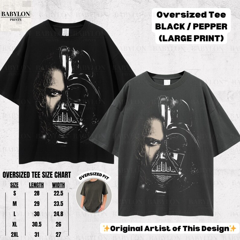 May include: Two black and pepper-colored oversized t-shirts with a large graphic print of a character from a science fiction film. The shirts have a crew neck and short sleeves. The image also includes a size chart.
