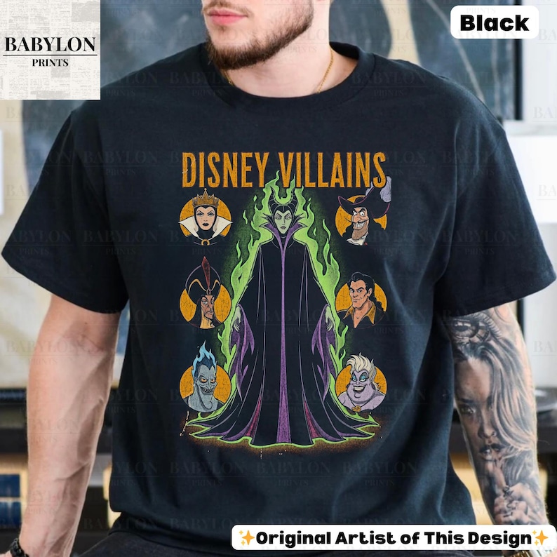 May include: Black t-shirt with the words "DISNEY VILLAINS" and a graphic of various Disney villains, including Maleficent and Ursula. The shirt also has the text "Original Artist of This Design".