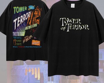 トップス 90s Disney Tower of terror BLACK Oversized Tower of Terror T-shirt: Front Back Print Shirt, Disney