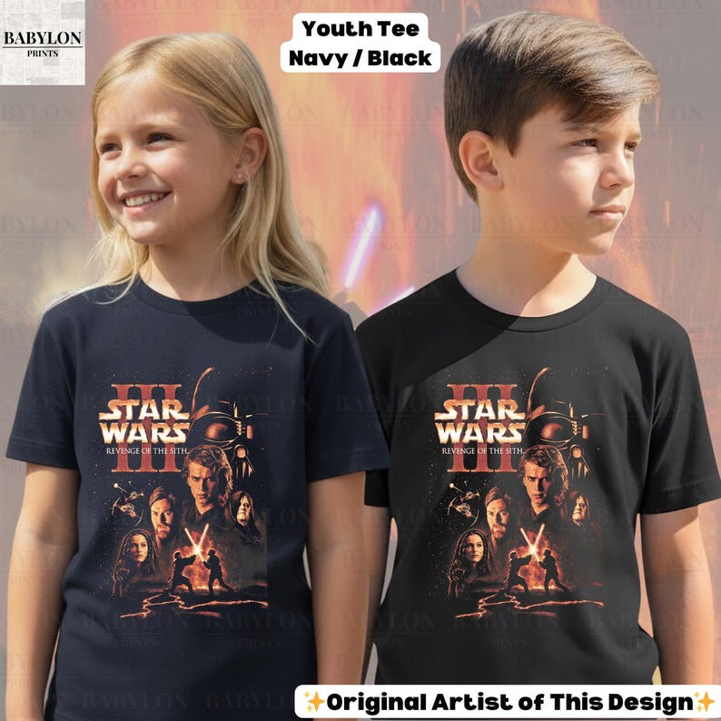 May include: Two youth t-shirts, one navy blue and one black, each featuring a Star Wars III: Revenge of the Sith graphic. The graphic includes characters and the movie title in orange and white. The text "Youth Tee Navy / Black" is at the top.