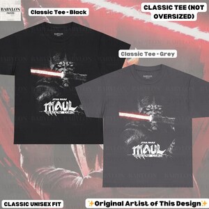 May include: Black and grey classic unisex fit t-shirts featuring a Star Wars graphic of Darth Maul with a red lightsaber. The text on the shirts reads "STAR WARS MAUL SHADOW LORD".