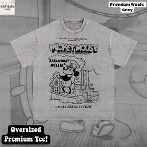 Stor Steamboat Willie-skjorta: Retro Disney Musse Pigg tecknad t-shirt Magic Kingdom T-shirt Steamboat Musse Pigg-skjorta Disneyland-skjorta Premium Wash: Grey