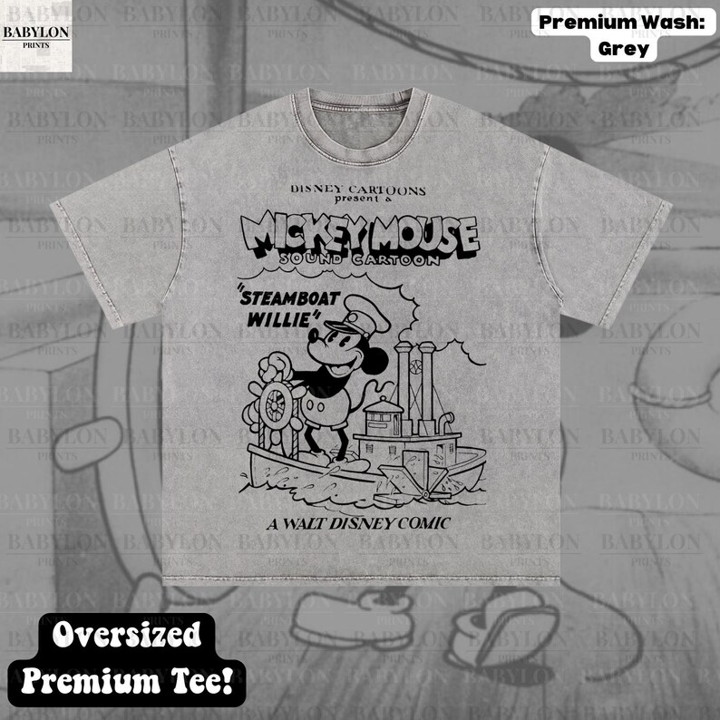 Stor Steamboat Willie-skjorta: Retro Disney Musse Pigg tecknad t-shirt Magic Kingdom T-shirt Steamboat Musse Pigg-skjorta Disneyland-skjorta Premium Wash: Grey