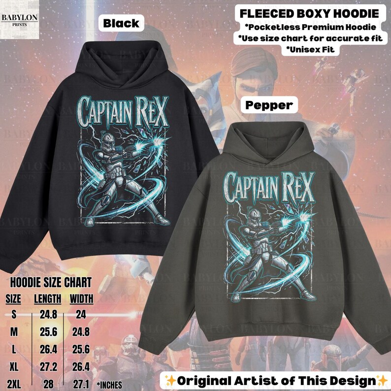 May include: Black and pepper-colored fleece boxy hoodies with a Captain Rex graphic. The graphic features a soldier with blue energy effects. The hoodies have a pocketless design and are available in sizes S to 2XL. The size chart shows the length and width in inches.