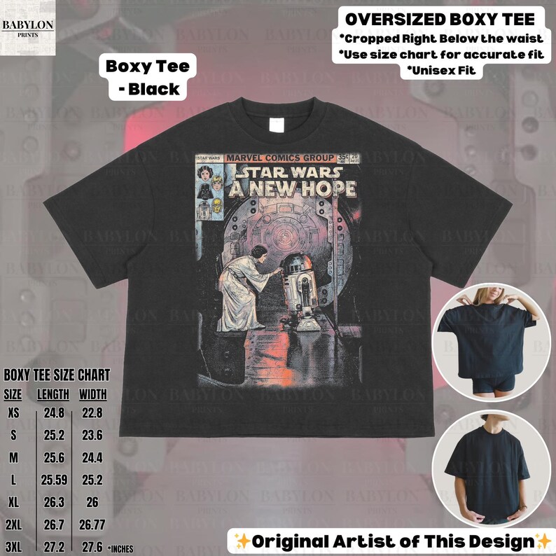 May include: Black boxy tee featuring a Star Wars comic book cover. The graphic includes the text "STAR WARS A NEW HOPE" and images of characters. The shirt has a crew neck and short sleeves. Size chart included.