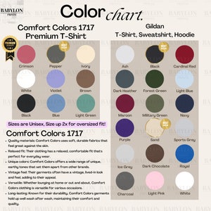 Op de afbeelding: Kleurenkaart voor Comfort Colors 1717 Premium T-shirt en Gildan T-shirt, sweatshirt en hoodie. Met kleuren als Crimson, Zwart en Marine. Unisex maten, tot 2x voor oversized pasvorm.