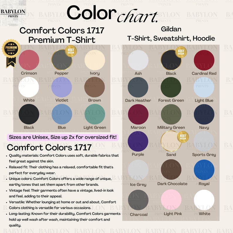 Op de afbeelding: Kleurenkaart voor Comfort Colors 1717 Premium T-shirt en Gildan T-shirt, sweatshirt en hoodie. Met kleuren als Crimson, Zwart en Marine. Unisex maten, tot 2x voor oversized pasvorm.