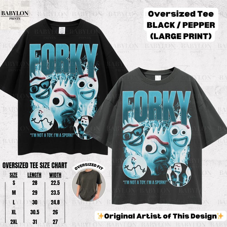 May include: Two oversized black and pepper-colored t-shirts with a large print of Forky from Toy Story. The design includes the word "Forky" in blue, along with Forky's face and the text "I'm not a toy. I'm a Spork!"