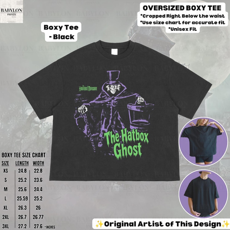 Puede incluir: Una camiseta negra de corte cuadrado con un gr&aacute;fico morado y verde de The Hatbox Ghost de The Haunted Mansion. La prenda incluye el texto The Hatbox Ghost y Haunted Mansion. A la izquierda se muestra una tabla de tallas con medidas en pulgadas.