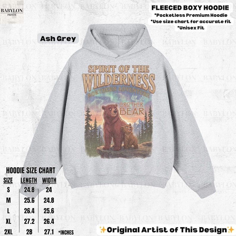 May include: Ash grey fleeced boxy hoodie with a "Spirit of the Wilderness" graphic featuring a bear and cub. The hoodie has a pocketless design and is available in sizes S to 2XL, with lengths from 63 cm to 71 cm and widths from 61 cm to 69 cm.