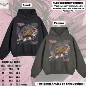 May include: Black and pepper-colored fleeced boxy hoodies with a graphic of Gambit from X-Men. The design includes the text "X-MEN" and "GAMBIT". The size chart is in inches. Unisex fit.