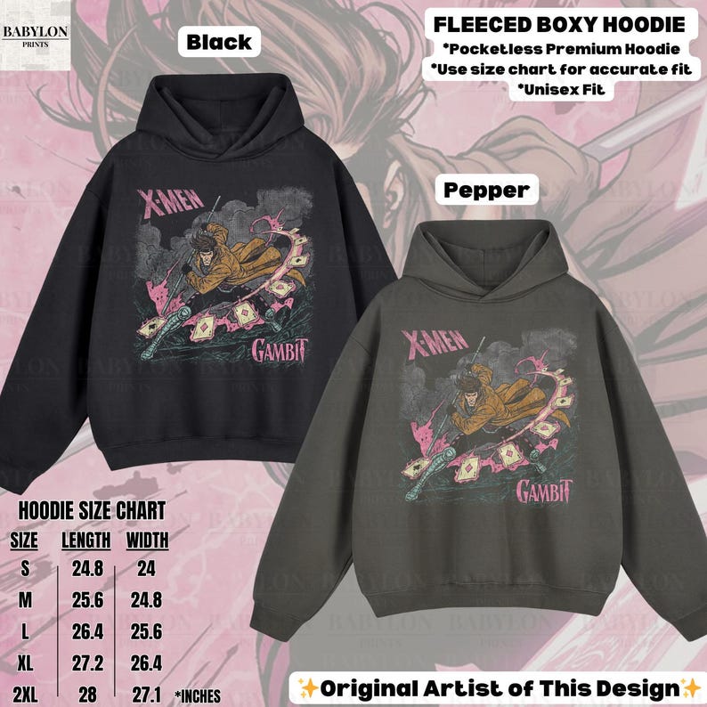 May include: Black and pepper-colored fleeced boxy hoodies with a graphic of Gambit from X-Men. The design includes the text "X-MEN" and "GAMBIT". The size chart is in inches. Unisex fit.