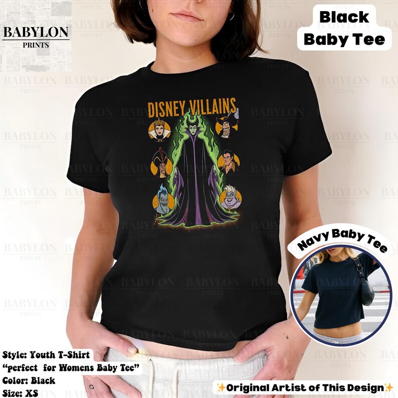 Vintage Disney Villains Shirt: Maleficent Sweatshirt, Retro Evil Queen Jafar Hades Ursula T-Shirt, Disneyworld Villain Shirt, Disney Gifts Women Baby Tee Black