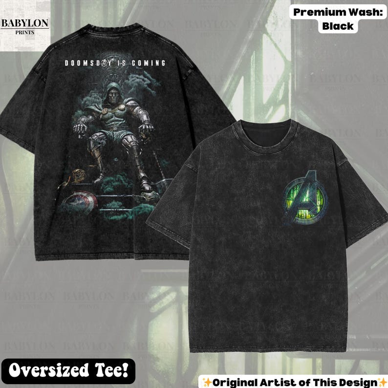 May include: Black oversized tee shirt with a distressed finish. The front features the Avengers logo with a green and yellow design. The back of the shirt has a graphic of a character with the text "DOOMSDAY IS COMING".
