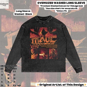 Puede incluir: Camiseta negra de manga larga con un dise&ntilde;o gr&aacute;fico con el texto "MAUL SHADOW LORD" e im&aacute;genes de personajes. La camiseta es de gran tama&ntilde;o y est&aacute; hecha de algod&oacute;n lavado. La tabla de tallas muestra la longitud y el ancho en pulgadas.