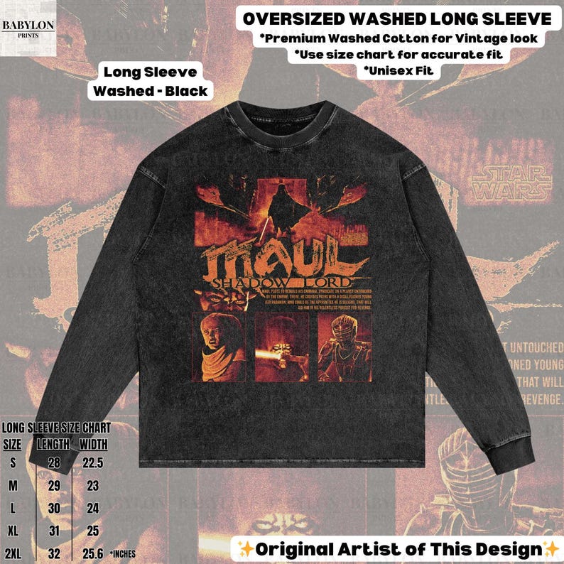Puede incluir: Camiseta negra de manga larga con un dise&ntilde;o gr&aacute;fico con el texto "MAUL SHADOW LORD" e im&aacute;genes de personajes. La camiseta es de gran tama&ntilde;o y est&aacute; hecha de algod&oacute;n lavado. La tabla de tallas muestra la longitud y el ancho en pulgadas.