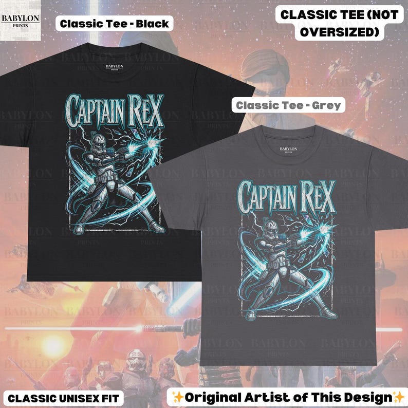 May include: Two classic fit t-shirts, one black and one grey, each with a graphic of Captain Rex with blue energy effects. The text "CAPTAIN REX" is above the character. The shirts are labelled "Classic Tee" and "Classic Unisex Fit".