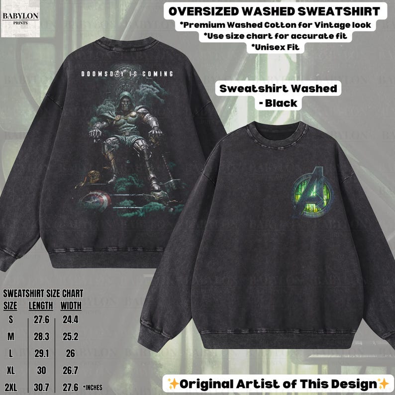 May include: Black oversized washed sweatshirt with a vintage look. The front features an Avengers logo, while the back displays a graphic of a character with the text "DOOMSDAY IS COMING". The sweatshirt is made of premium washed cotton.