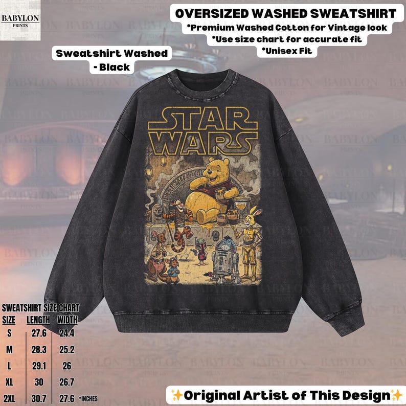 Może przedstawiać: Czarna, obszerna, prana bluza z nadrukiem Kubusia Puchatka i postaci z Gwiezdnych Wojen. Projekt zawiera napis "STAR WARS". Bluza ma wygląd vintage i jest wykonana z wysokiej jakości pranej bawełny. Dołączona tabela rozmiar&oacute;w.