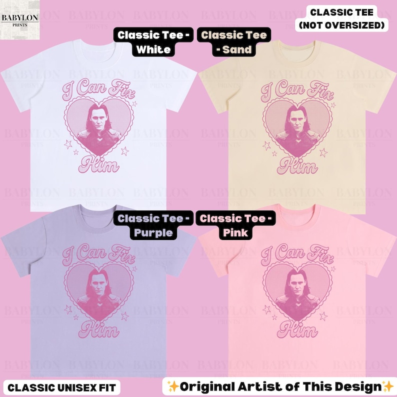 K&ouml;nnte beinhalten: Vier klassische Unisex-T-Shirts in Wei&szlig;, Sand, Lila und Pink. Jedes Shirt zeigt eine herzf&ouml;rmige Grafik mit einem Portr&auml;t und dem Text "I Can Fix Him". Die Shirts sind mit "Classic Tee" und "Original Artist of This Design" gekennzeichnet.