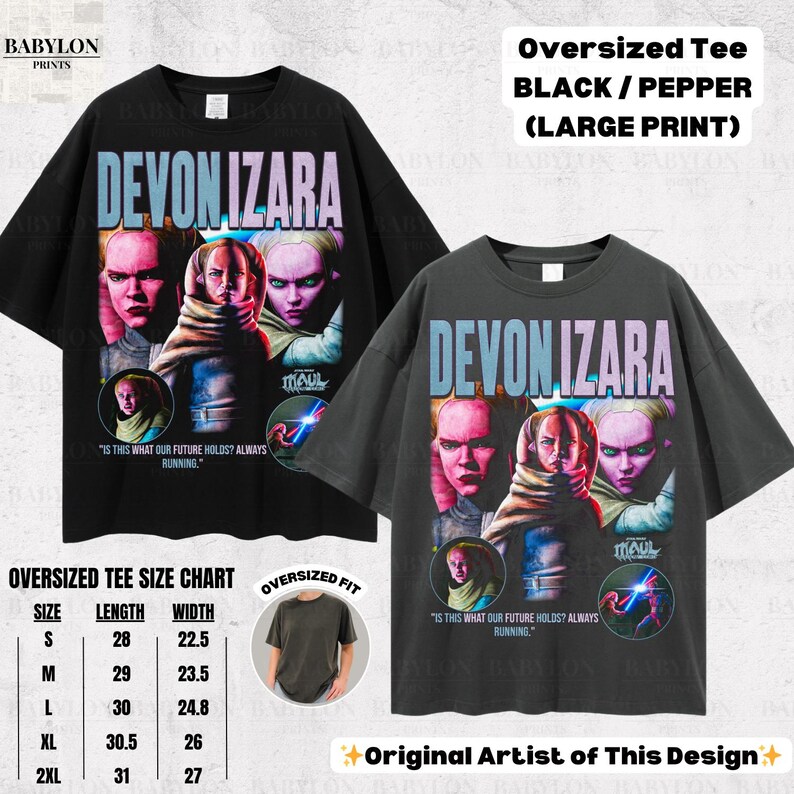 Pu&ograve; includere: T-shirt neri e pepe oversize con una grande stampa con la scritta "DEVON IZARA" e una grafica di una persona. Le magliette hanno la scritta "IS THIS WHAT OUR FUTURE HOLDS? ALWAYS RUNNING." La tabella delle taglie &egrave; inclusa.