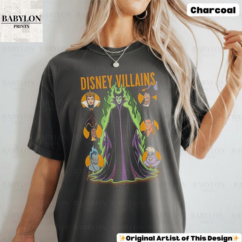 Vintage Disney Villains Shirt: Maleficent Sweatshirt, Retro Evil Queen Jafar Hades Ursula T-Shirt, Disneyworld Villain Shirt, Disney Gifts Classic Unisex Crewneck T-shirt - Charcoal