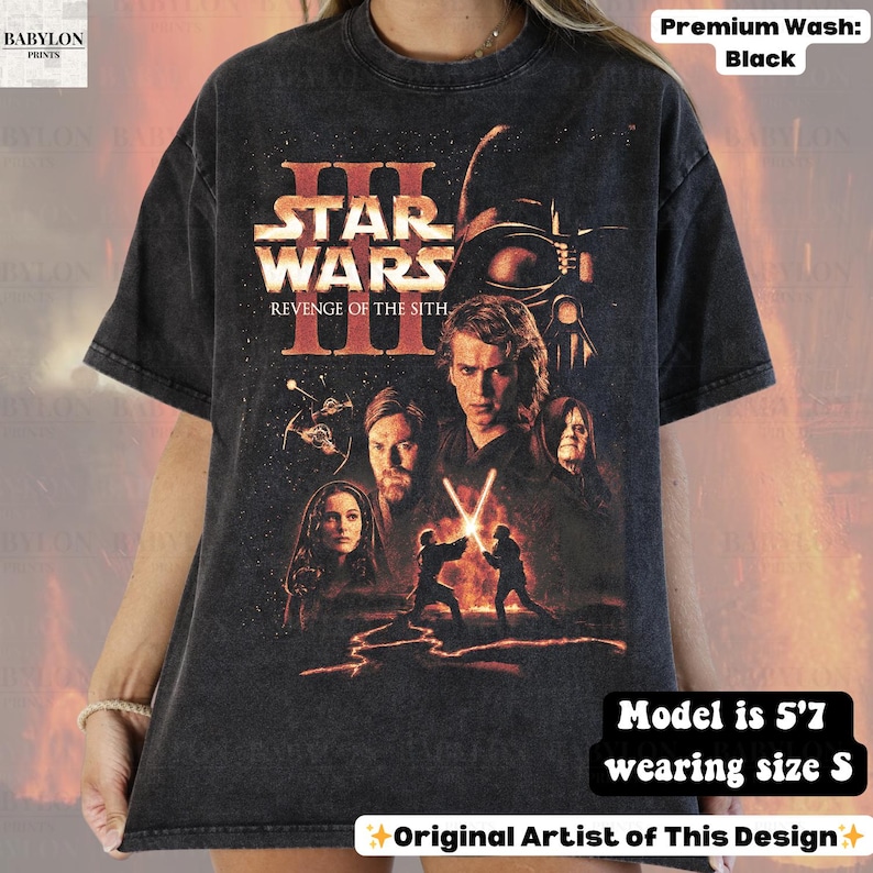 May include: Black Star Wars III: Revenge of the Sith graphic t-shirt. The design features characters and the movie title in red. The shirt is a size S and the model is 5'7.