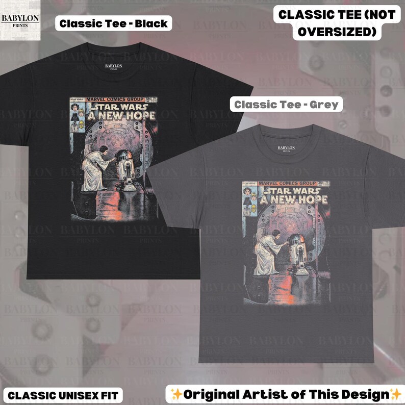 May include: Black and grey classic unisex fit t-shirts. Each shirt features a comic book cover design with the text "STAR WARS A NEW HOPE". The shirts are labeled "Classic Tee - Black" and "Classic Tee - Grey".