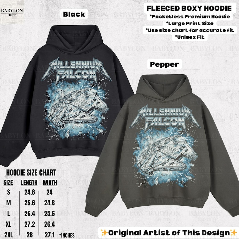 May include: Black and pepper-colored fleeced boxy hoodies with a Millennium Falcon graphic. The design features the text "Millennium Falcon" in a metallic font, with the ship and lightning bolts. The size chart is included.