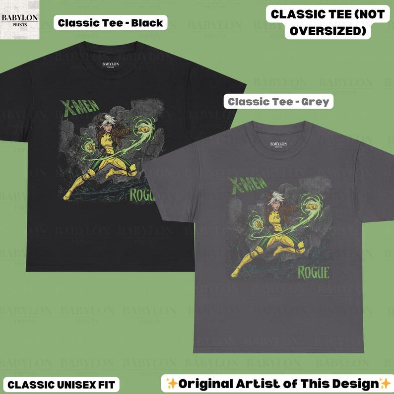 May include: Black and grey classic unisex fit t-shirts with a Rogue graphic from X-Men. The shirts display the text "X-Men" and "Rogue" in green. The design is by the original artist.