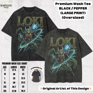 May include: Black oversized t-shirts with a distressed look, featuring a large graphic of Loki with green accents and the text "LOKI". The shirts have a size chart and the text "Premium Wash Tee".