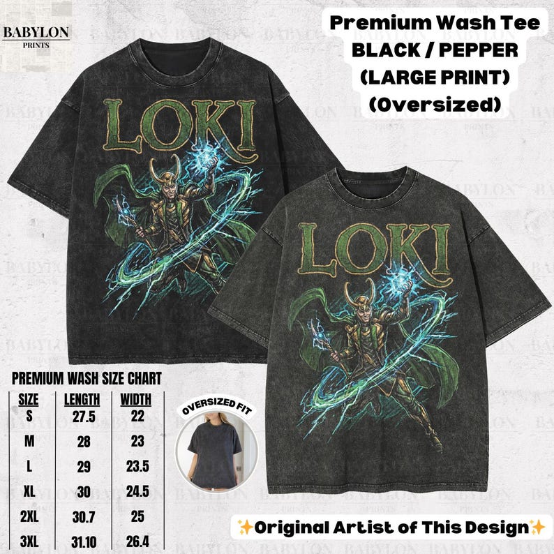 May include: Black oversized t-shirts with a distressed look, featuring a large graphic of Loki with green accents and the text "LOKI". The shirts have a size chart and the text "Premium Wash Tee".