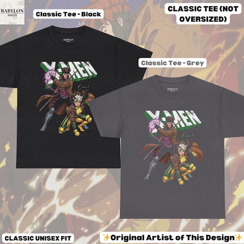May include: Two classic unisex fit t-shirts, one black and one grey, featuring an X-Men graphic. The graphic includes the word "X-MEN" in white and green, and illustrations of Gambit and Rogue. The shirts are labeled "Classic Tee" and "Original Artist of This Design."