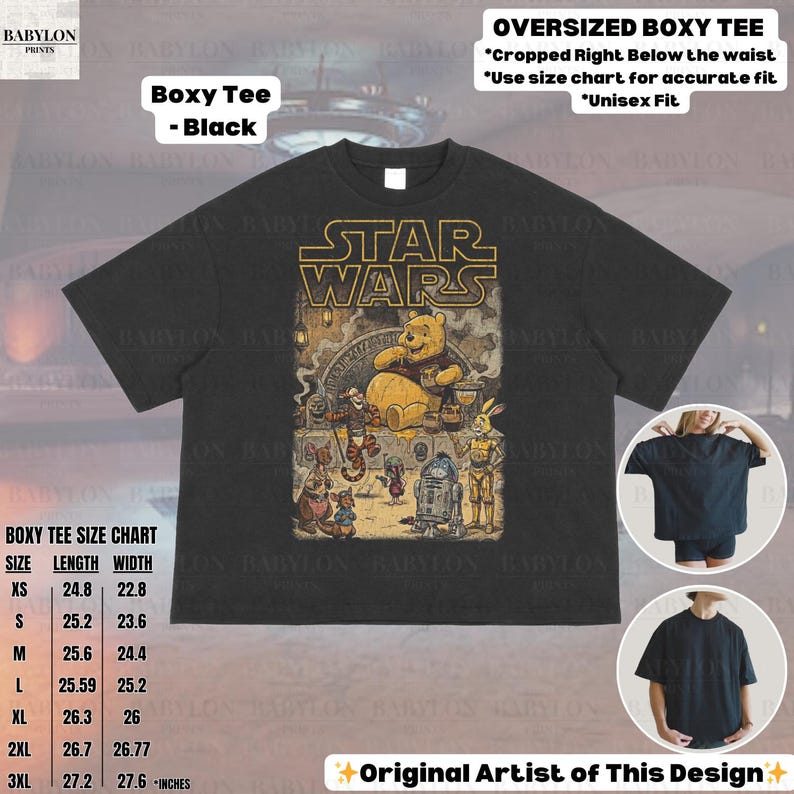 Może przedstawiać: Czarny t-shirt o kroju boxy z grafiką Star Wars z Kubusiem Puchatkiem i przyjaci&oacute;łmi. Koszulka ma złoty napis "STAR WARS". Tabela rozmiar&oacute;w pokazuje długości od 63 do 69 cm i szerokości od 58 do 70 cm. Kr&oacute;j unisex.