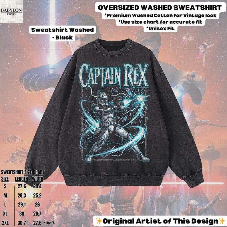 May include: Black oversized washed sweatshirt with a Captain Rex graphic and blue lightning. The text "CAPTAIN REX" is above the graphic. Made from premium washed cotton for a vintage look. Includes a size chart. Measurements in inches.