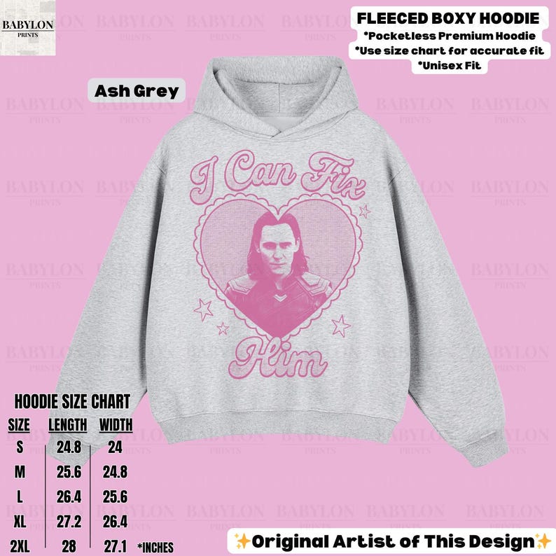K&ouml;nnte beinhalten: Hellgrauer Unisex-Hoodie mit rosa Herz-Grafik mit Portr&auml;t und dem Text "I Can Fix Him". Der Hoodie ist im Boxy-Stil gehalten und enth&auml;lt eine Gr&ouml;&szlig;entabelle.