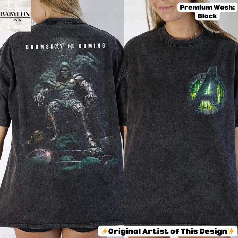May include: Black t-shirt with a graphic of a seated figure and the text "DOOMSDAY IS COMING" on the back. The front features an Avengers logo. The shirt is a premium wash.